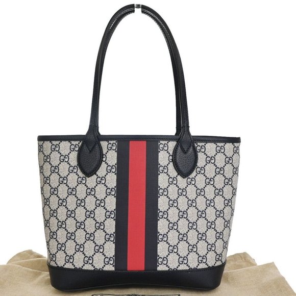 GUCCI GG Pattern Sherry Web Shoulder Tote Bag Supreme Leather Navy Blue 686RJ258 - Picture 1 of 16